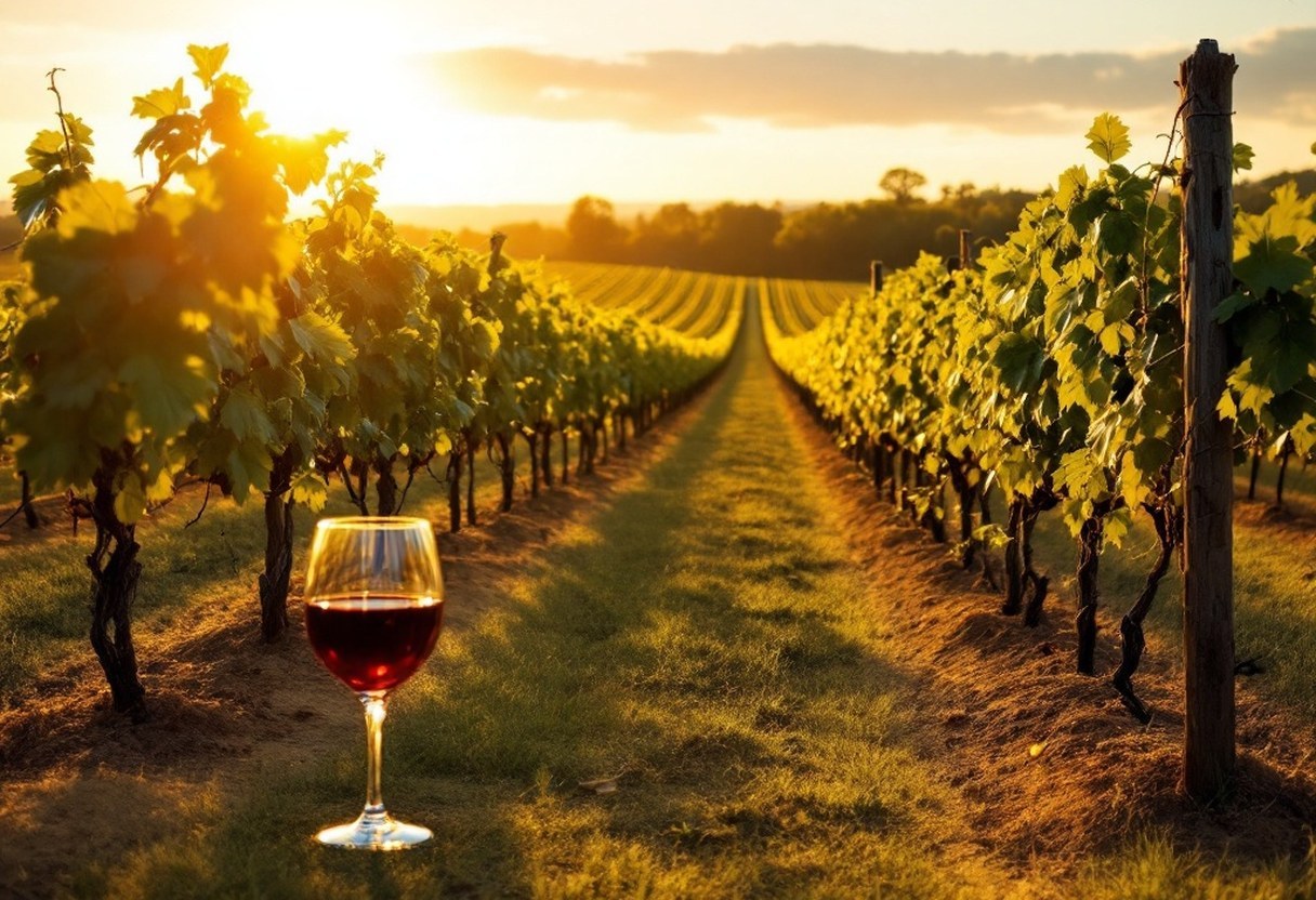 Vineyard rows at a Culpeper County winery at golden hour, a tasting glass in the foreground