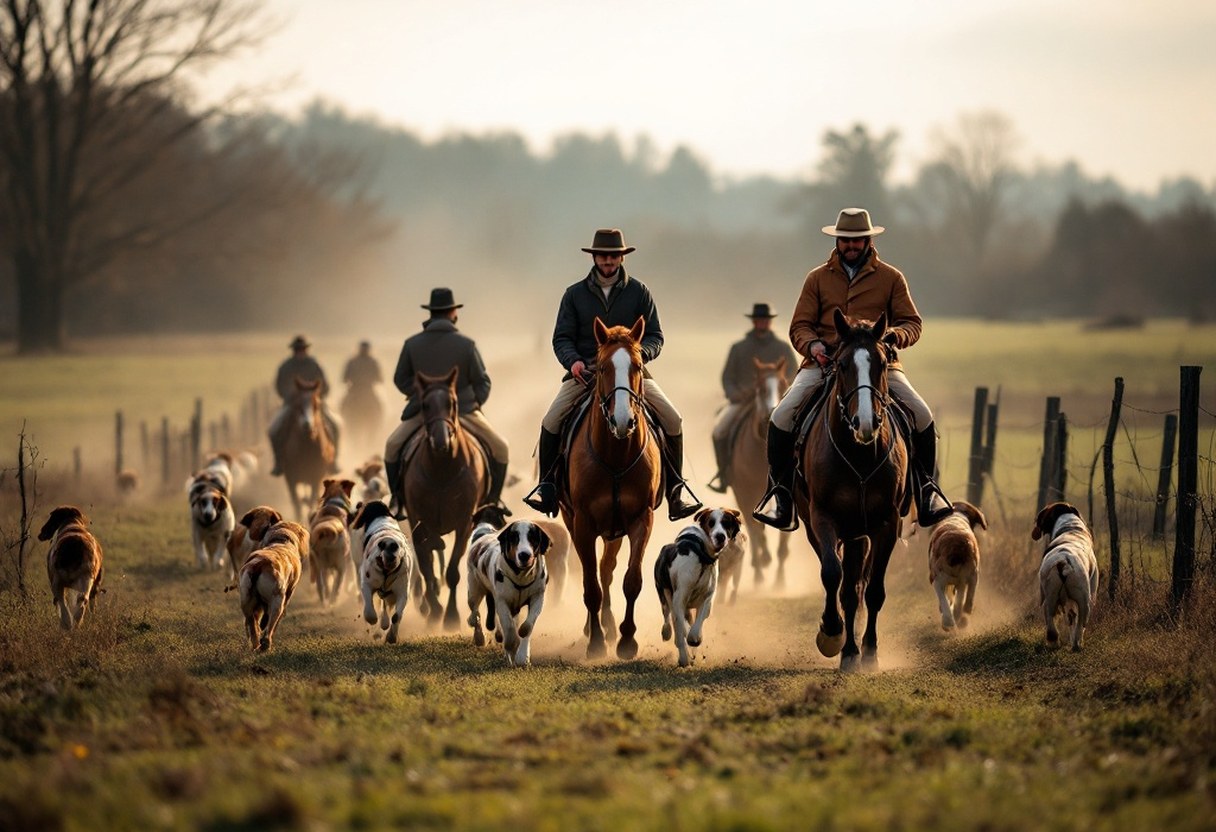 Riders on horseback with hounds preparing for a fox hunt in the Virginia countryside