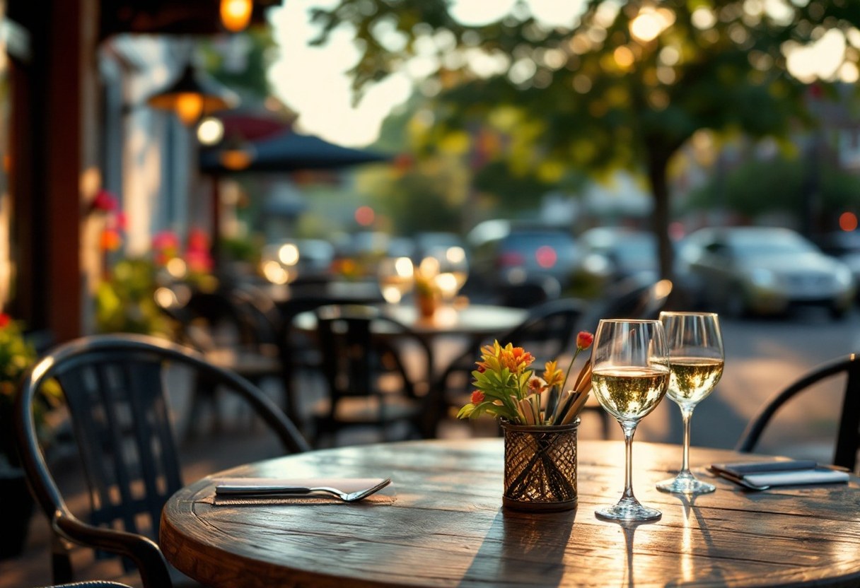 Outdoor patio dining at a Culpeper, Virginia restaurant with wine glasses on the table