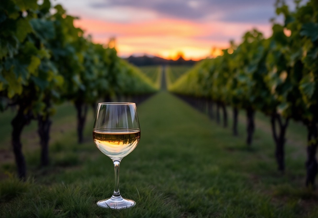 Vineyard rows at dusk with a tasting-room glass in the foreground