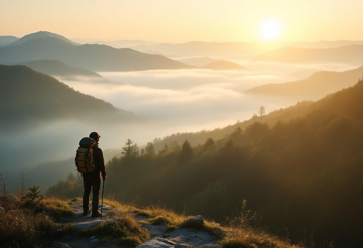 Full-bleed hero — a misty Blue Ridge / Piedmont ridgeline at golden hour, or a lone hiker on a Culpeper County overlook with fog in the valley below